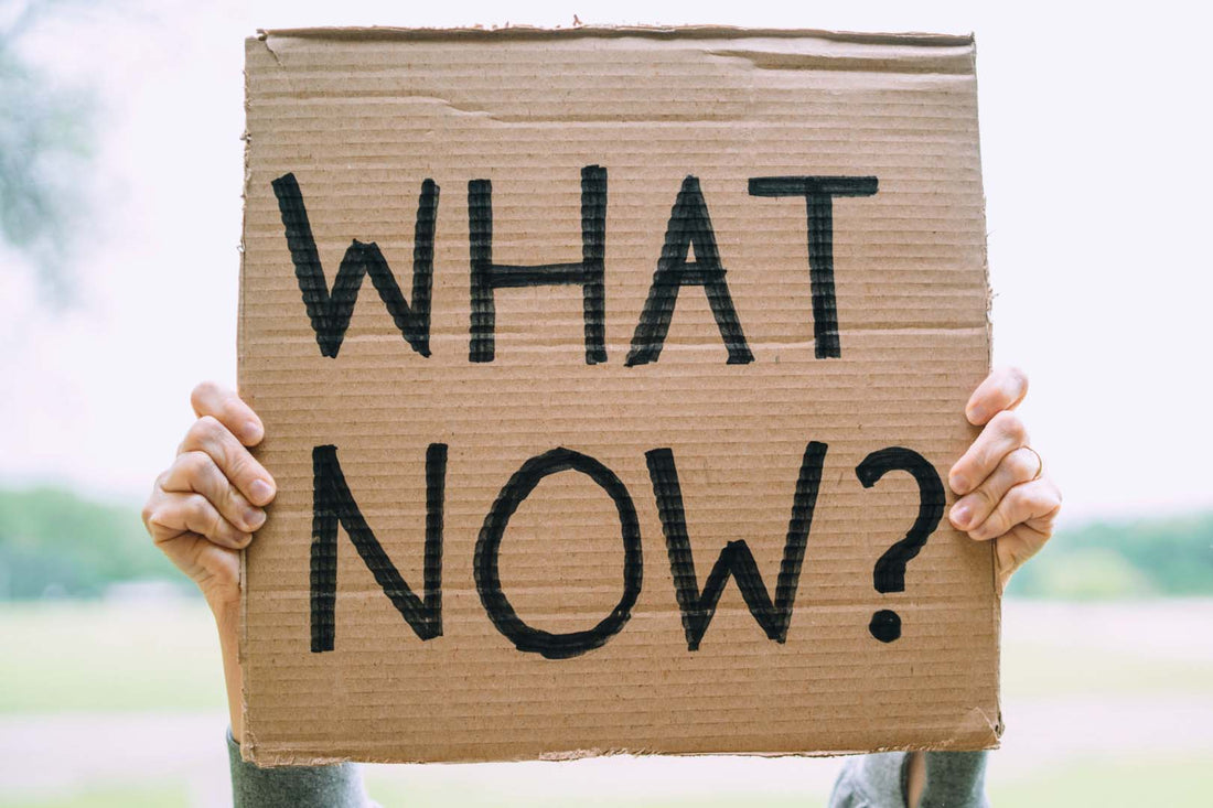 Zwei Hände halten Schild mit Aufschrift "What now?" hoch.