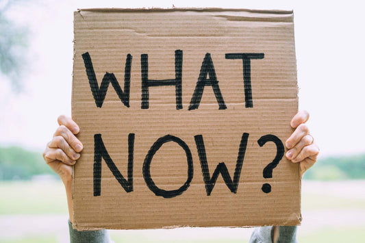 Zwei Hände halten Schild mit Aufschrift "What now?" hoch.