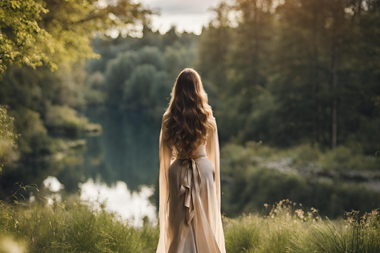 Frau in elegantem Kleid vor Gewässer im Wald