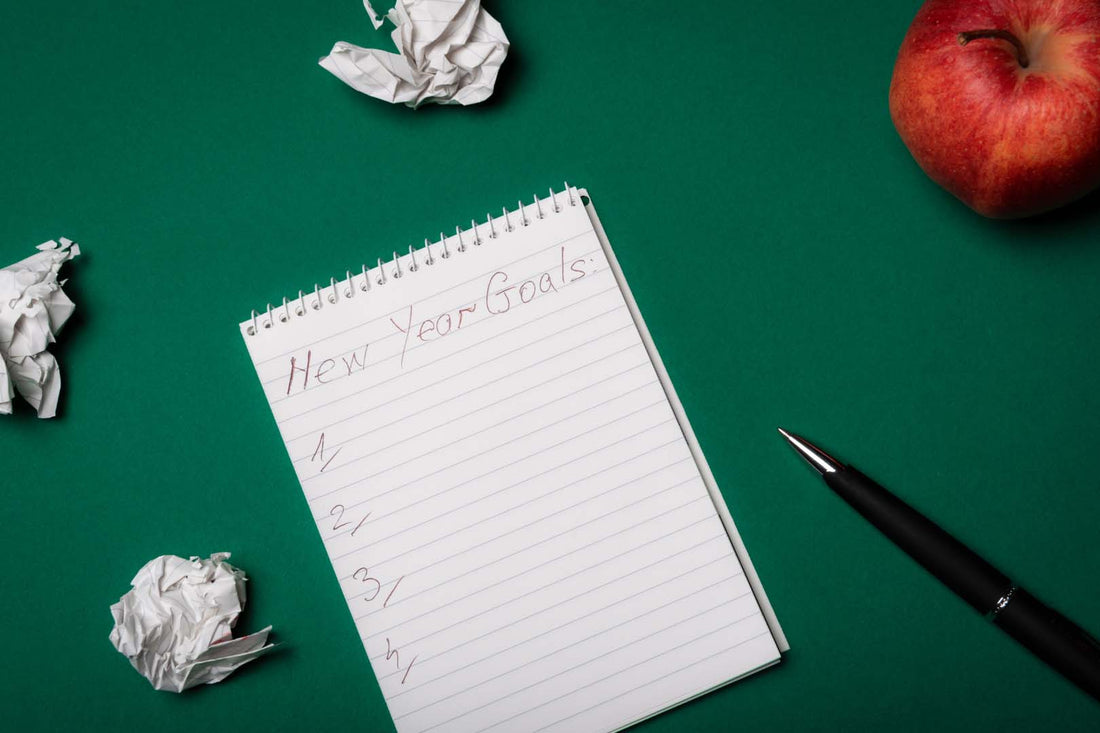 Papierblock mit Vorsätzen fürs neue Jahr auf grünem Hintergrund
